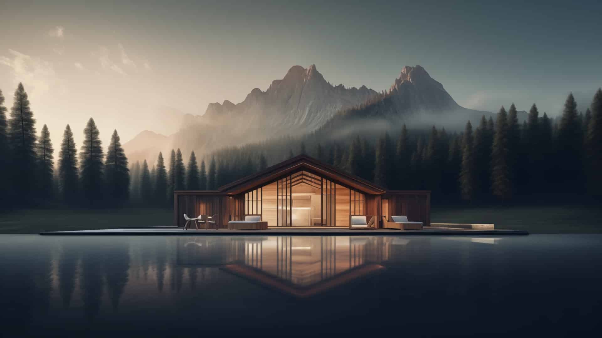 Mountains and forests with two cabins